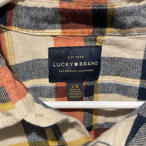 Lucky Brand Men’s Flannel Plaid Button-Up Shirt Blue Orange Size Large - Picture 3 of 4
